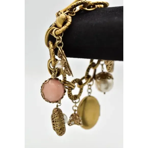 Carolee Vintage Charm Locket Bracelet Antiqued Gold Pink Floral Signed 80s BinBR - Picture 4 of 12